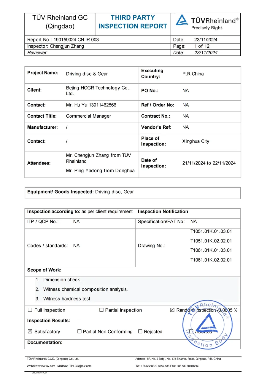 T&Uuml;V Rheinland third-party inspection report — cover page