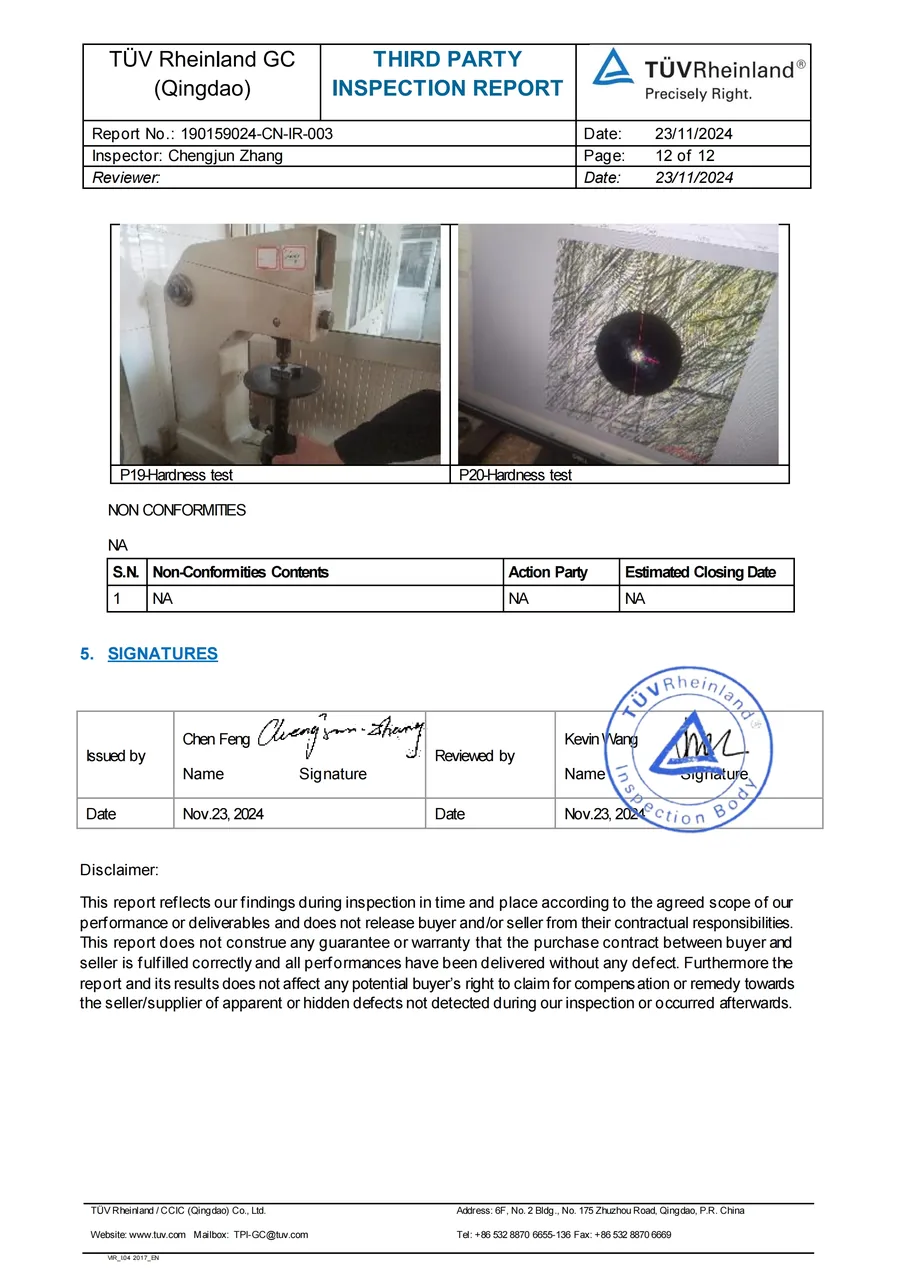 T&Uuml;V Rheinland third-party inspection — hardness testing and report signatures
